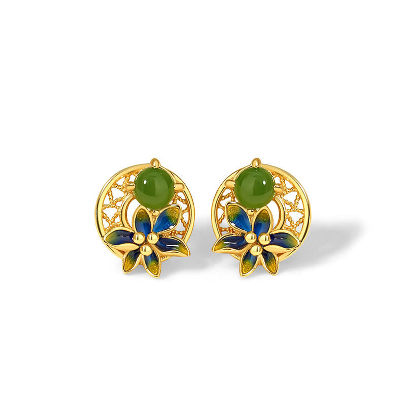 Buddha Stones 925 Sterling Silver Natural Hetian Cyan Jade Flower Luck Necklace Pendant Ring Earrings Set - Touch Bling