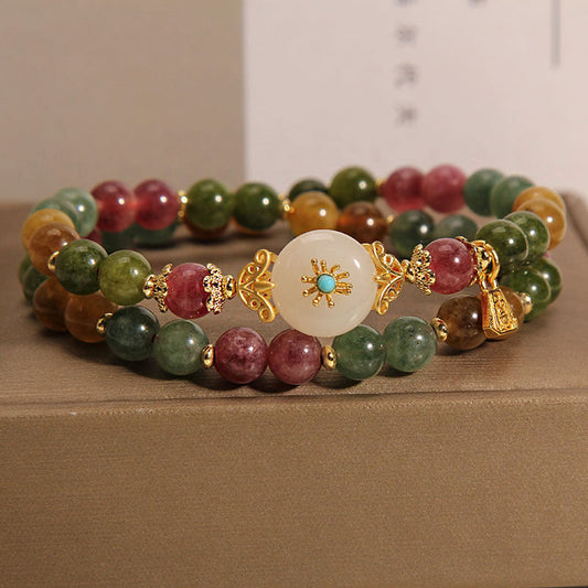 Pulsera de doble vuelta con turmalina multicolor natural y flor de jade positiva de Buddha Stones