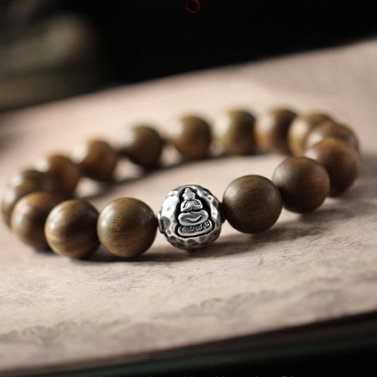 Pulsera Buddha Healing de plata de ley 999 con sándalo verde y sándalo rojo de hoja pequeña