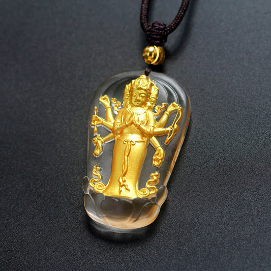 Buddha Stones Tibetischer Achtarmiger Avalokitesvara Guanyin Buddha Vergoldeter Liuli Kristall Reichtum Halskette Anhänger