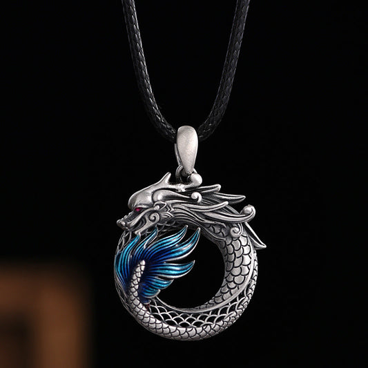 Collar con colgante de éxito tallado con hebilla de paz auspiciosa del Año del Dragón en plata de ley 999 con piedras de Buda