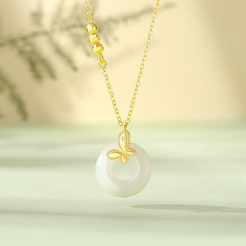 Buddha Stones 925 Sterling Silver Ginkgo Leaf Butterfly Rose Chalcedony Hetian Jade Peace Buckle Fu Character Harmony Necklace Pendant - Touch Bling