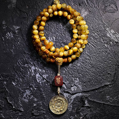 Pulsera con borlas protectoras Dorje de cobre y ojo de tigre natural con 108 cuentas de mala de Buda 