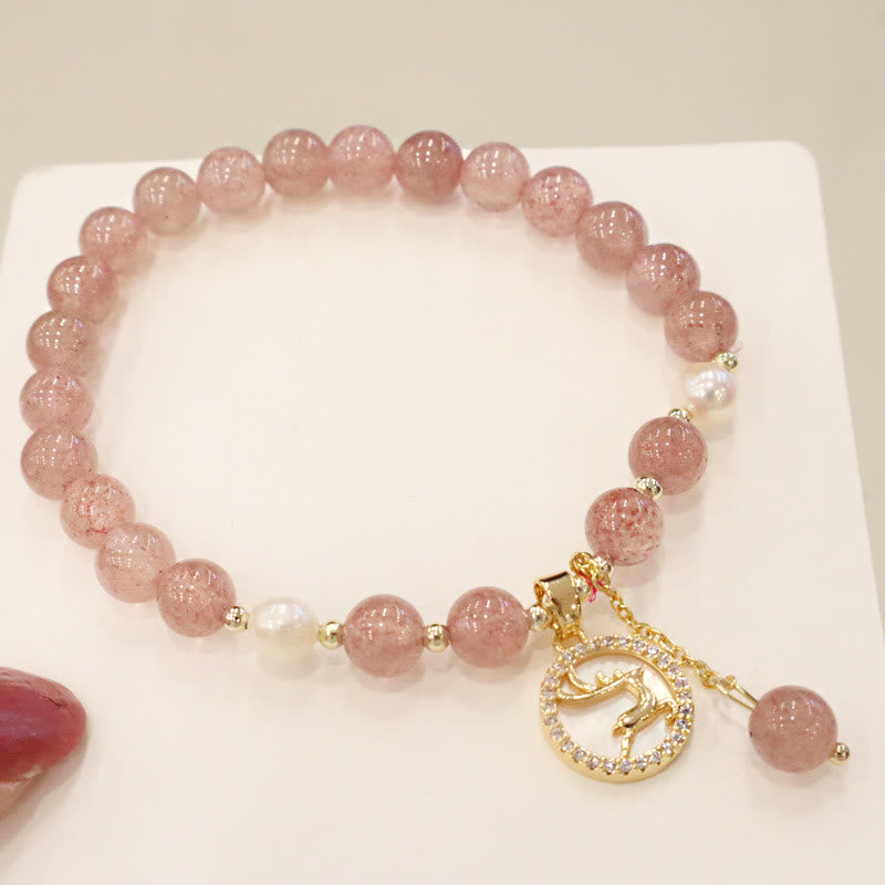 Buddha Stones Erdbeerquarz Perle Elch Smiley Gesicht Fischschwanz Fu Charakter Charm Heilung Armband 