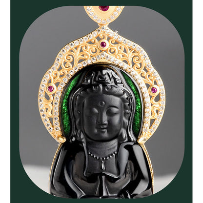Collar con colgante de la riqueza de Kwan Yin Avalokitesvara y jade negro natural en plata de ley 925 con piedras de Buda