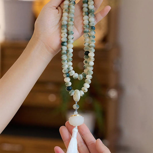 Buddha Stones Natürliche 108 Mala-Perlen Bodhi-Samen Lotus Graviertes Weisheitsquastenarmband