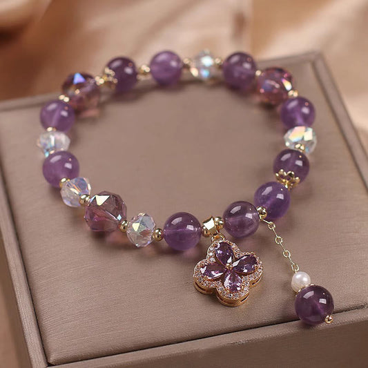 Buddha Stones Armband mit natürlichem Amethyst-Kristall, vierblättriges Kleeblatt, spirituelle Heilung 