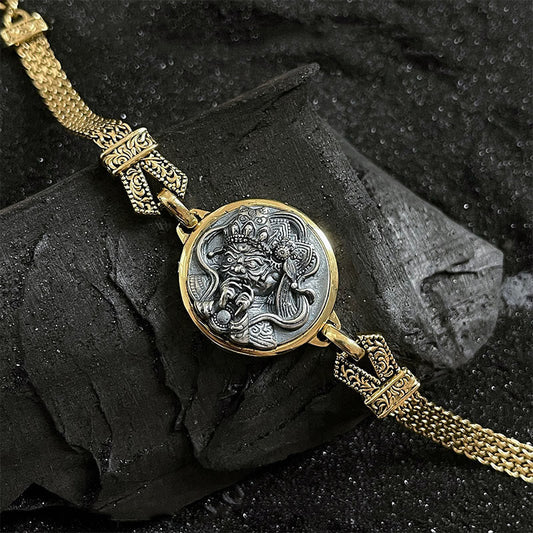 Pulsera tibetana de plata de ley 925 con piedras de Buda, zakiram, diosa de la riqueza, bendición y protección. 