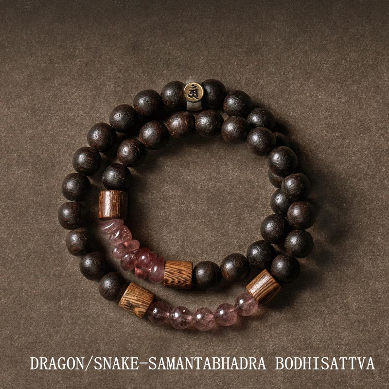 Pulsera de doble vuelta con piedras de Buda en plata de ley 925, con el zodíaco chino, Buda natal, madera de agar y cuarzo fresa.