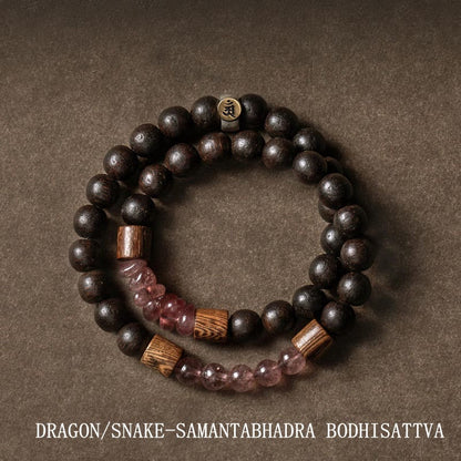 Pulsera de doble vuelta con piedras de Buda en plata de ley 925, con el zodíaco chino, Buda natal, madera de agar y cuarzo fresa.