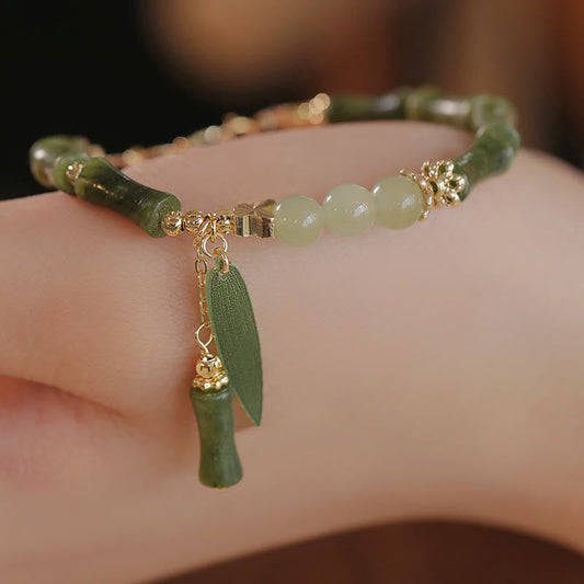 Pulsera de Buda con piedras de jade, hojas de bambú y lirio de los valles, con diseño de suerte y abundancia
