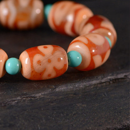 Tibetan Red and White Dzi Beads Bracelet with Turquoise Round Beads Old Agate Bracelet Random Totems