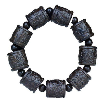 Pulsera de equilibrio con grabado de dragón de loto y dieciocho arhats de madera de ébano y piedras de Buda 