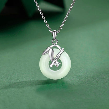 Collar con colgante de prosperidad y hebilla de paz con hojas de bambú y jade hetiano de plata de ley 925 con piedras de Buda 