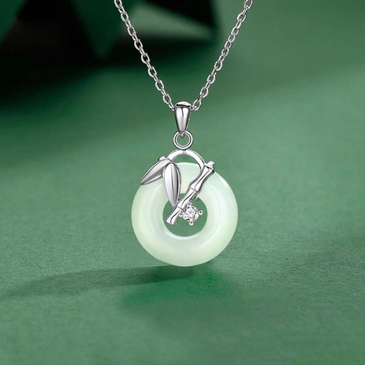 Collar con colgante de prosperidad y hebilla de paz con hojas de bambú y jade hetiano de plata de ley 925 con piedras de Buda 