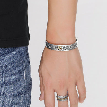 Buddha Stones Tang Dynastie Blumendesign Rose Blume Feder geschnitzt Kupfer Glück Armband Armreif