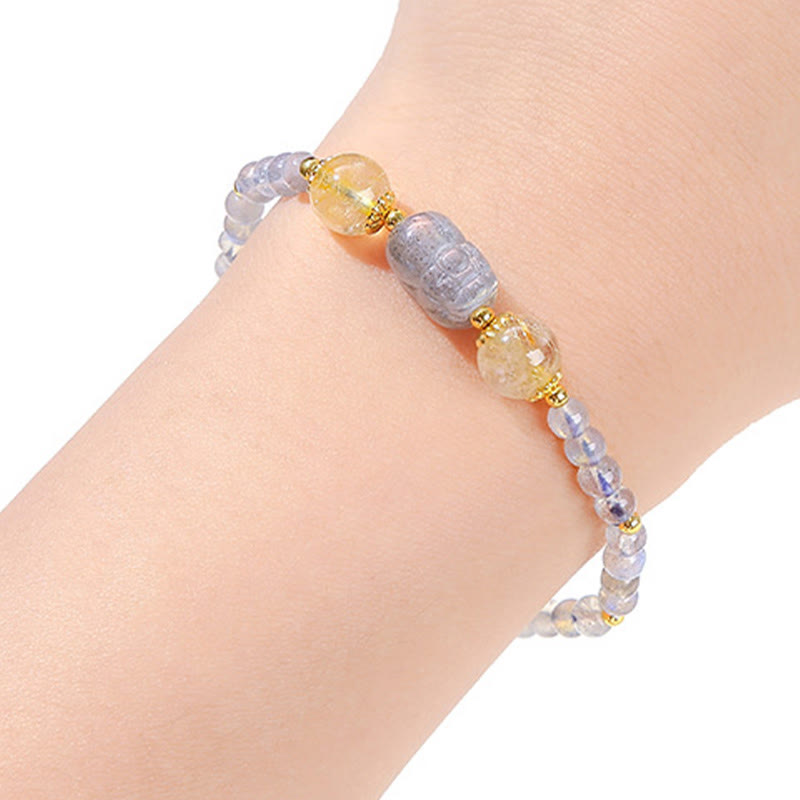 Pulsera curativa PiXiu de piedras de Buda, piedra lunar, cuarzo fresa y turmalina 