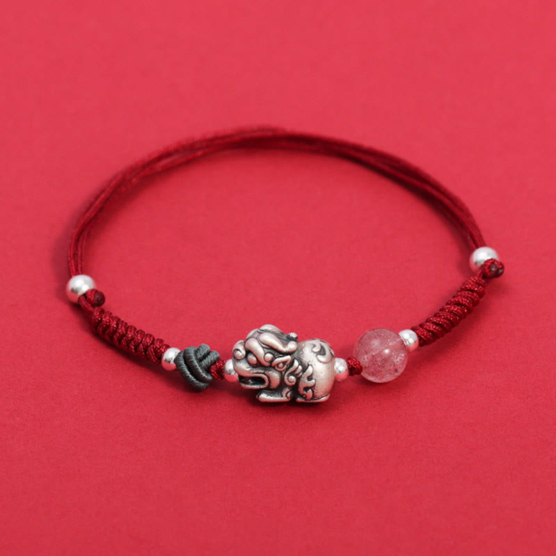 Pulsera trenzada de plata de ley 999 con cuentas de cuarzo fresa PiXiu y piedras de Buda para la riqueza y la suerte 