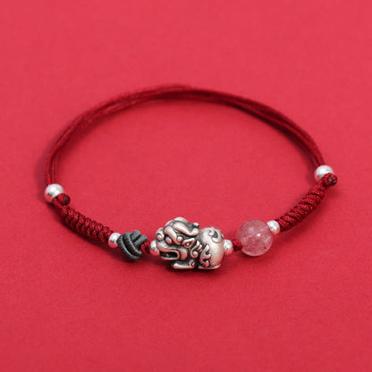 Pulsera trenzada de plata de ley 999 con cuentas de cuarzo fresa PiXiu y piedras de Buda para la riqueza y la suerte 
