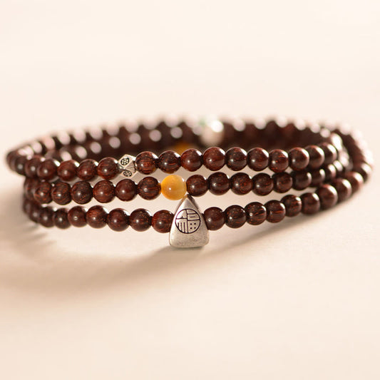 Buddha Stones 925 Sterling Silber Indisches kleines Blatt Rotes Sandelholz Fu Charakter Schutz Dreifach Wickelarmband
