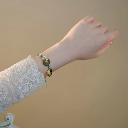 Buddha Stones Natürliche Hetian Jade Peace Buckle Pearl Luck Handgefertigtes geflochtenes Armband