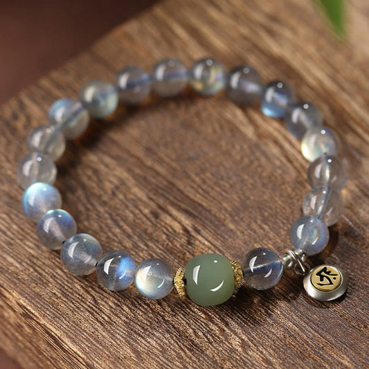 Pulsera positiva de jade hetiano con piedras de Buda del zodíaco chino, plata de ley 925 y piedra lunar natural. 