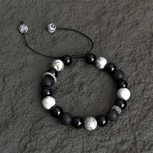 Pulsera de cuerda con cuentas de jaspe Picasso, obsidiana negra y roca de lava vintage de Buda