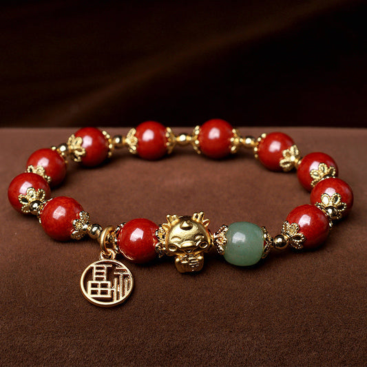Pulsera con amuleto de bendición de Fu con piedras de Buda del Año del Dragón y cinabrio natural