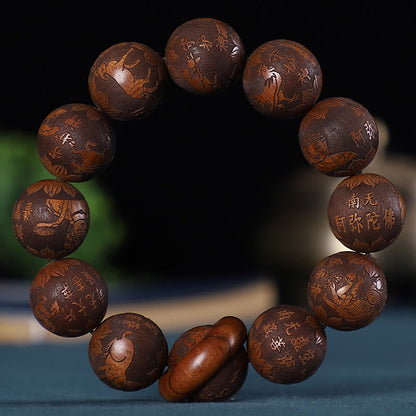 Pulsera de la calma con piedras de Buda, zodíaco chino, palisandro, sándalo verde, madera de ébano y moneda de cobre tallada.