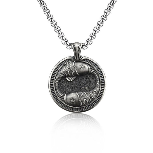 Collar con colgante de pez koi doble de estaño puro con piedras de Buda para la suerte y el éxito