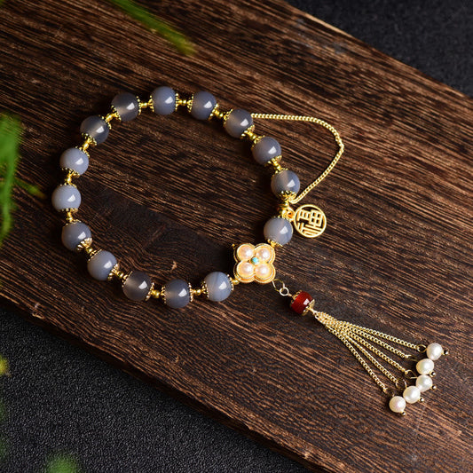 Pulsera de equilibrio con borlas de perla y ágata gris natural de Buda