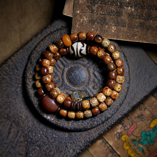 Buddha-Steine, tibetischer Bodhi-Samen, Bernstein, Dzi-Perle, Achat, Zakiram, Göttin des Reichtums, Perlen, dreifach gewickeltes Armband