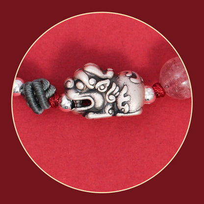 Pulsera trenzada de plata de ley 999 con cuentas de cuarzo fresa PiXiu y piedras de Buda para la riqueza y la suerte 