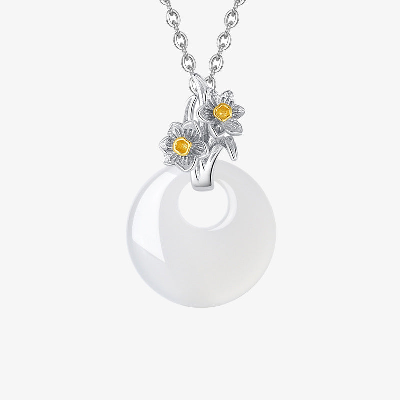 Collar con colgante de flor de armonía de doce meses de calcedonia redonda de plata de ley 925 con piedras de Buda 