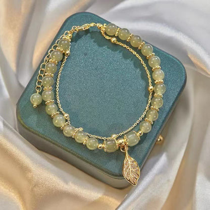 Pulsera de cuentas con piedras de Buda, hojas de jade, ginkgo, tulipán, cacahuete y carácter Fu, con la suerte