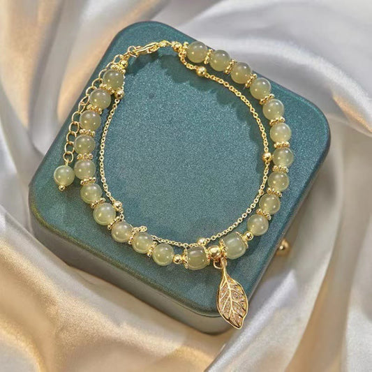 Pulsera de cuentas con piedras de Buda, hojas de jade, ginkgo, tulipán, cacahuete y carácter Fu, con la suerte