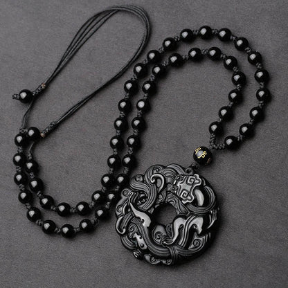 Collar con colgante de purificación Pixiu con hebilla de paz de obsidiana negra natural y piedras de Buda 