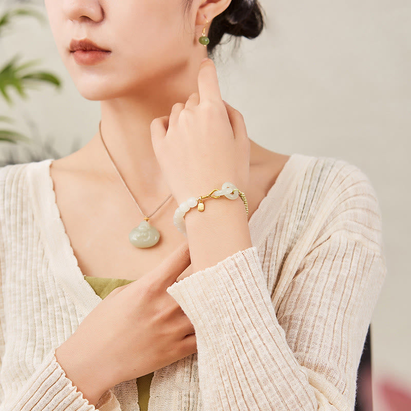 Pulsera trenzada con cuentas de jade hetiano natural de Buda y doble hebilla de paz con carácter Fu 