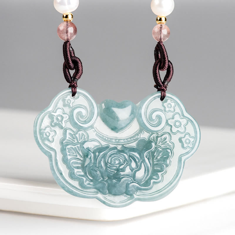 Collar con colgante de flor de peonía de jade natural y piedras de Buda con candado de buenos deseos y prosperidad