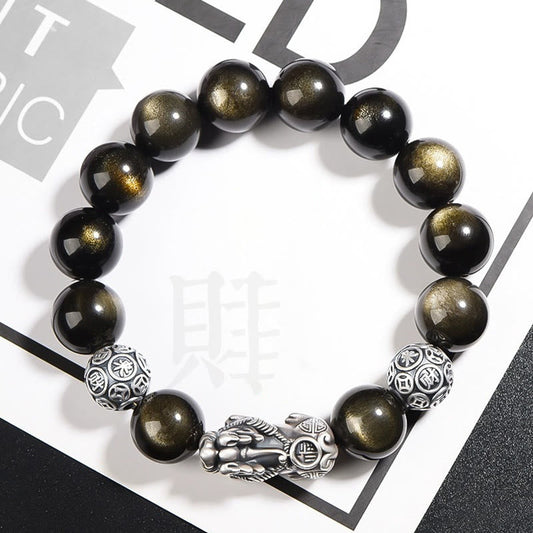 Pulsera de obsidiana PiXiu con piedras de Buda en plata de ley 925 con brillo dorado natural para protección de la riqueza