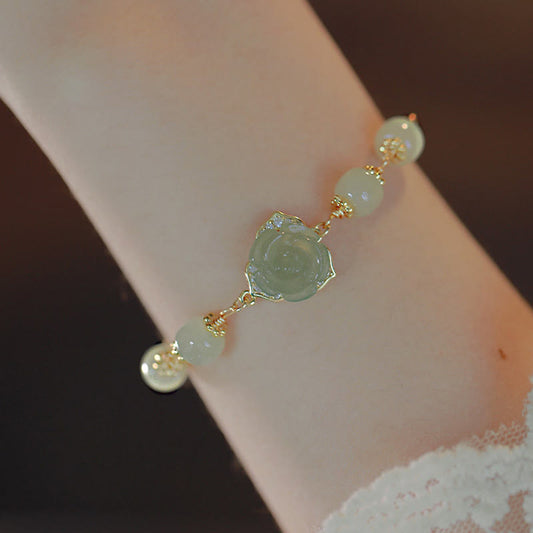 Pulsera de cadena de la suerte con piedras de Buda, chapada en oro de 14 quilates, con jade hetiano y flor rosa
