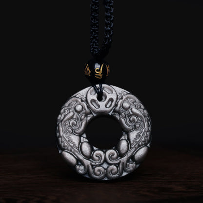 Collar con colgante de obsidiana con doble PiXiu, moneda de cobre, hebilla de paz y protección, con piedras de Buda y brillo de plata natural