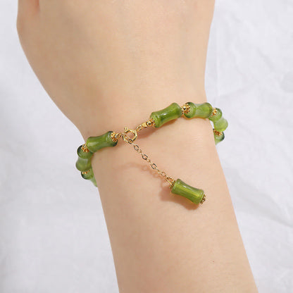Pulsera de cadena de riqueza con ágata musgosa y cristal de Liuli con diseño de bambú verde y piedras de Buda