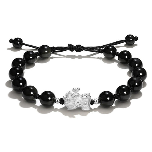 Pulsera de fuerza PiXiu de obsidiana negra natural con ojo de gato y cristal rosa 