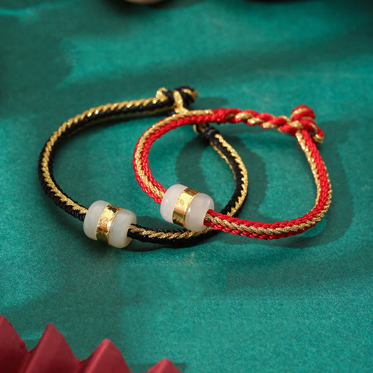 Buddha Stones 999 Gold Hetian Weiße Jade Om Mani Padme Hum Fu Charakter Glück Geflochtenes Armband 