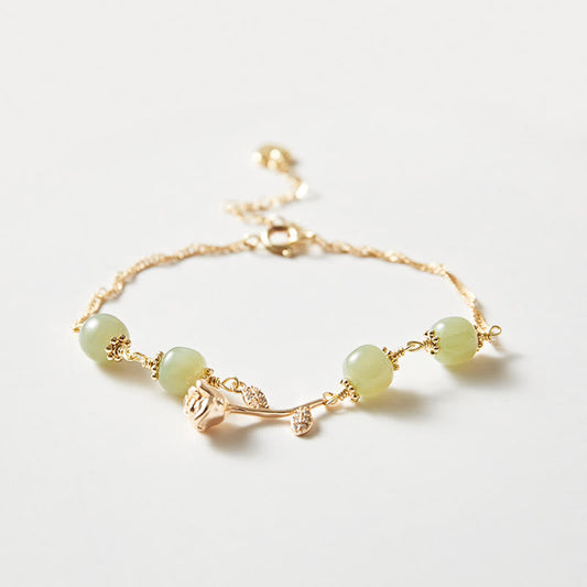 Pulsera de cadena de la suerte con piedras de Buda, jade hetiano chapado en oro de 14 quilates y flor de rosa dorada 