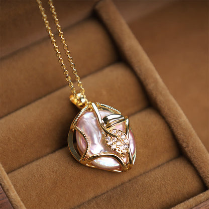 Buddha Stones 18K Gold Plated Copper Natural Baroque Pearl Flower Sincerity Necklace Pendant