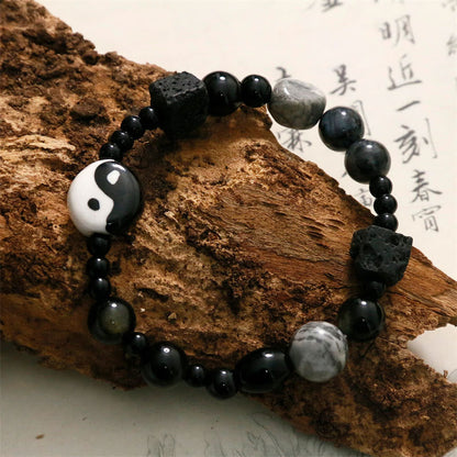 Pulsera de protección de la fortuna Yin Yang con cuentas de jaspe Picasso de ónix negro y piedras de Buda