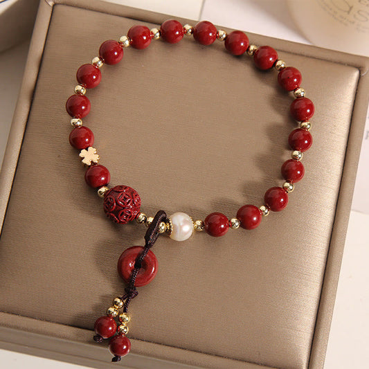Pulsera de bendición con dije de moneda de cobre y hebilla de paz de cinabrio natural de Buda