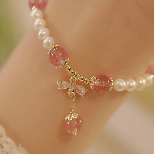 Pulsera con dije de abeja de miel, cuarzo fresa, perla natural y piedras de Buda 